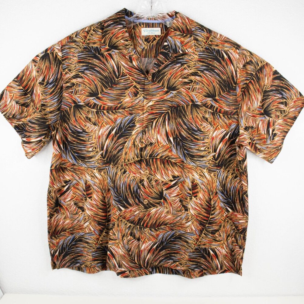 Caribbean Hawaiian Silk Blend Button Up Short Sleeve‎ Shirt Mens SIZE XL
